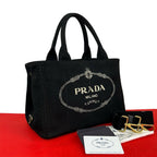 Prada Canapa Triangle Logo Canvas 2-Way Mini Tote Shoulder Bag Black