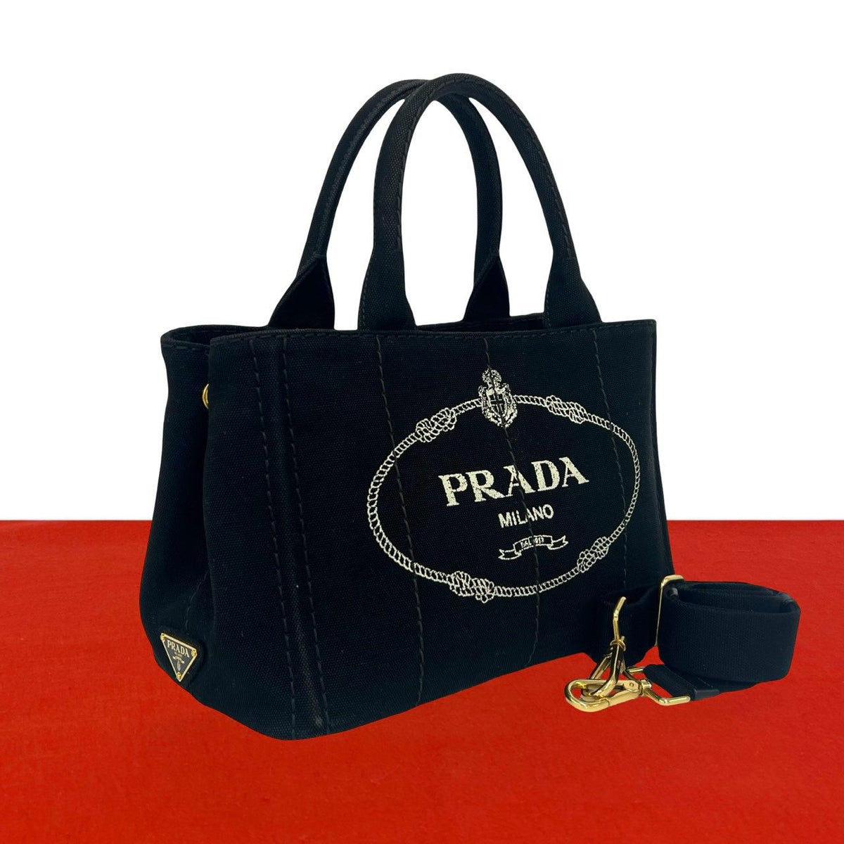 Prada Canapa Logo Canvas 2-Way Shoulder Bag Mini Tote Black