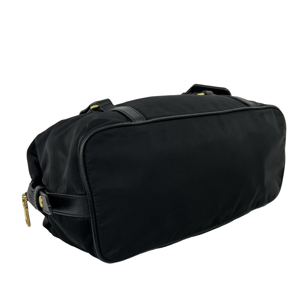 Prada Logo Tessuto Pocono Nylon Saffiano Leather Tote Shoulder Bag Black — view 7