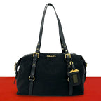Prada Logo Tessuto Pocono Nylon Saffiano Leather Tote Shoulder Bag Black