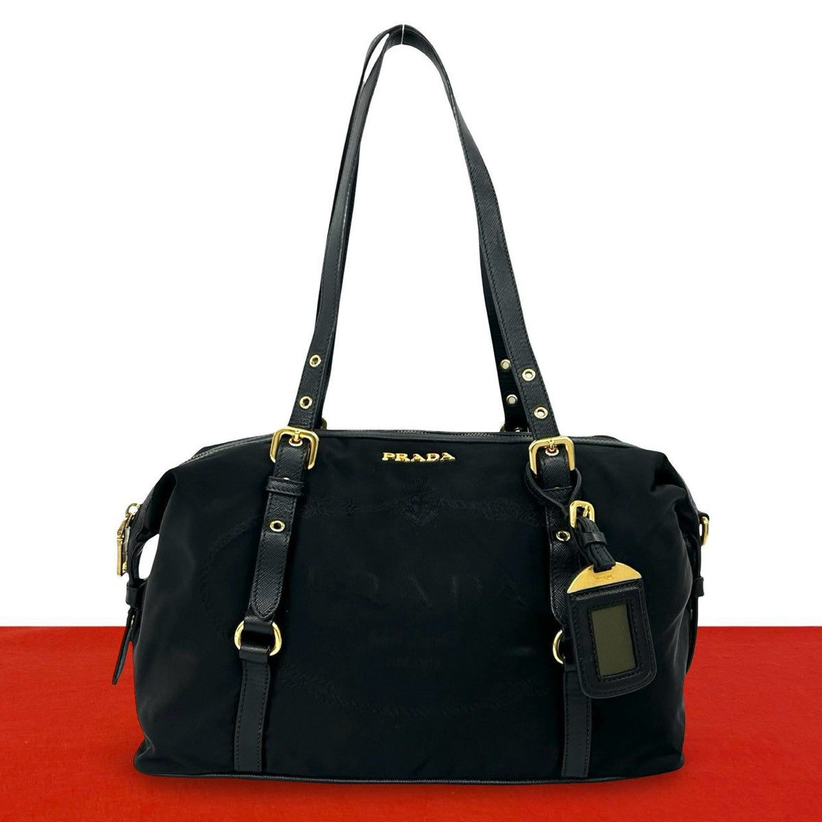 Prada Logo Tessuto Pocono Nylon Saffiano Leather Tote Shoulder Bag Black