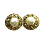 Chanel 91P Vintage Earrings Clip on Faux Pearl Logo Gold