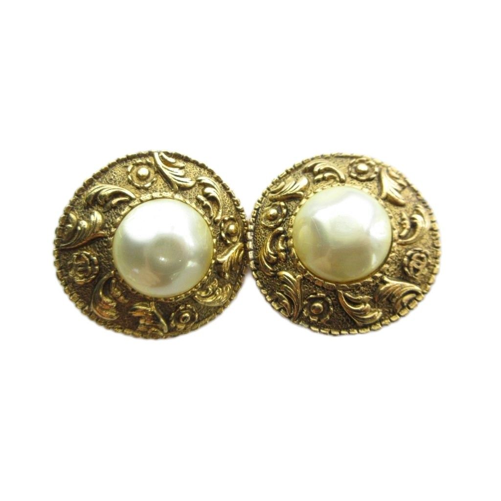 Chanel 91P Vintage Earrings Clip on Faux Pearl Logo Gold