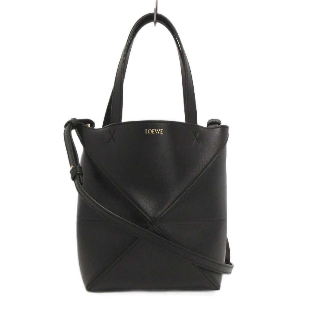 Loewe Puzzle Fold Mini Tote Shoulder 2-Way Logo Shiny Calfskin Black