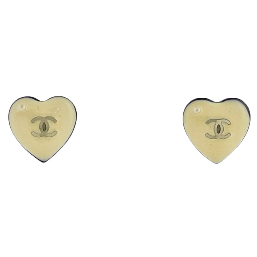 Chanel Earrings CC Logo Heart Motif Gold Plated Beige Black
