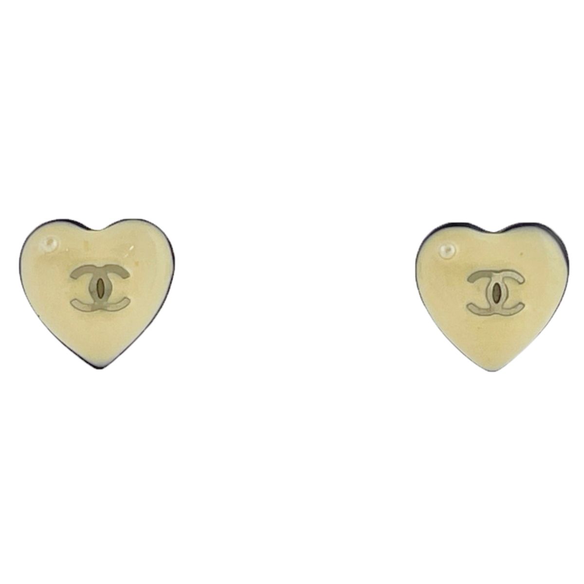Chanel Earrings CC Logo Heart Motif Gold Plated Beige Black