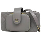 Chanel Shoulder Bag CC Logo Quilted Phone Case Caviar Leather Gray