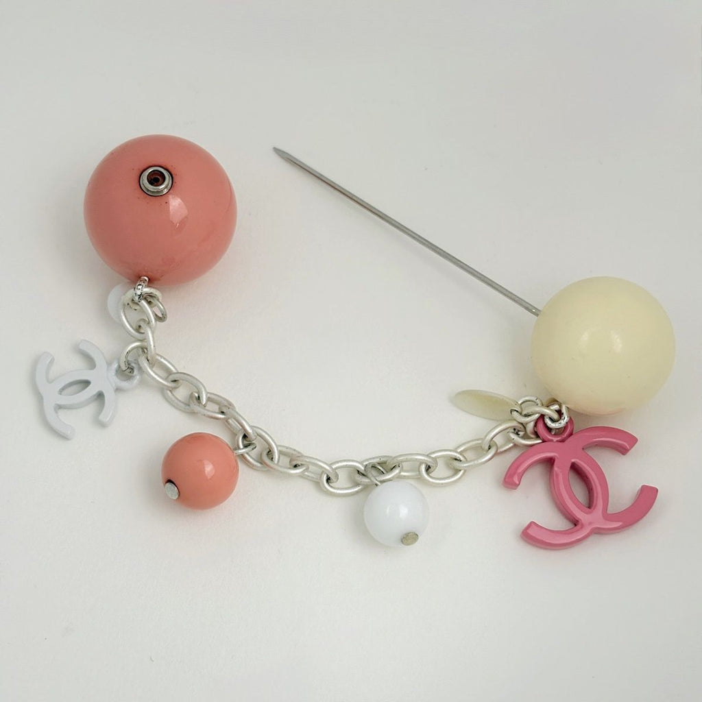 Chanel Brooch CC Logo Pin Silver Plated Pink White — view 2