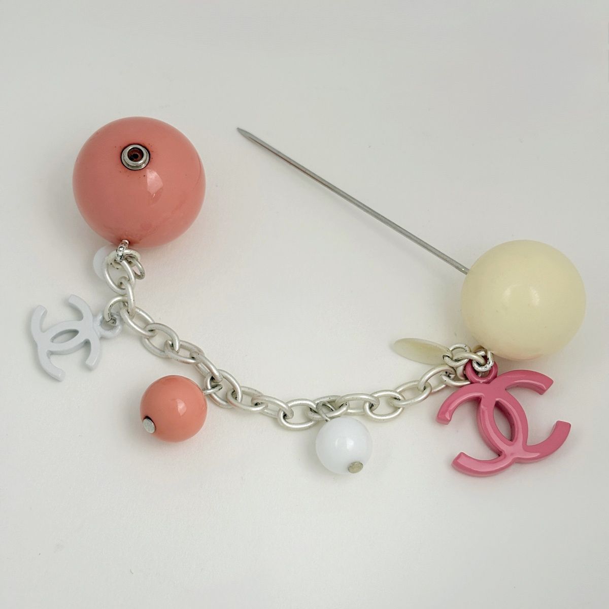 Chanel Brooch CC Logo Pin Silver Plated Pink White — view 2