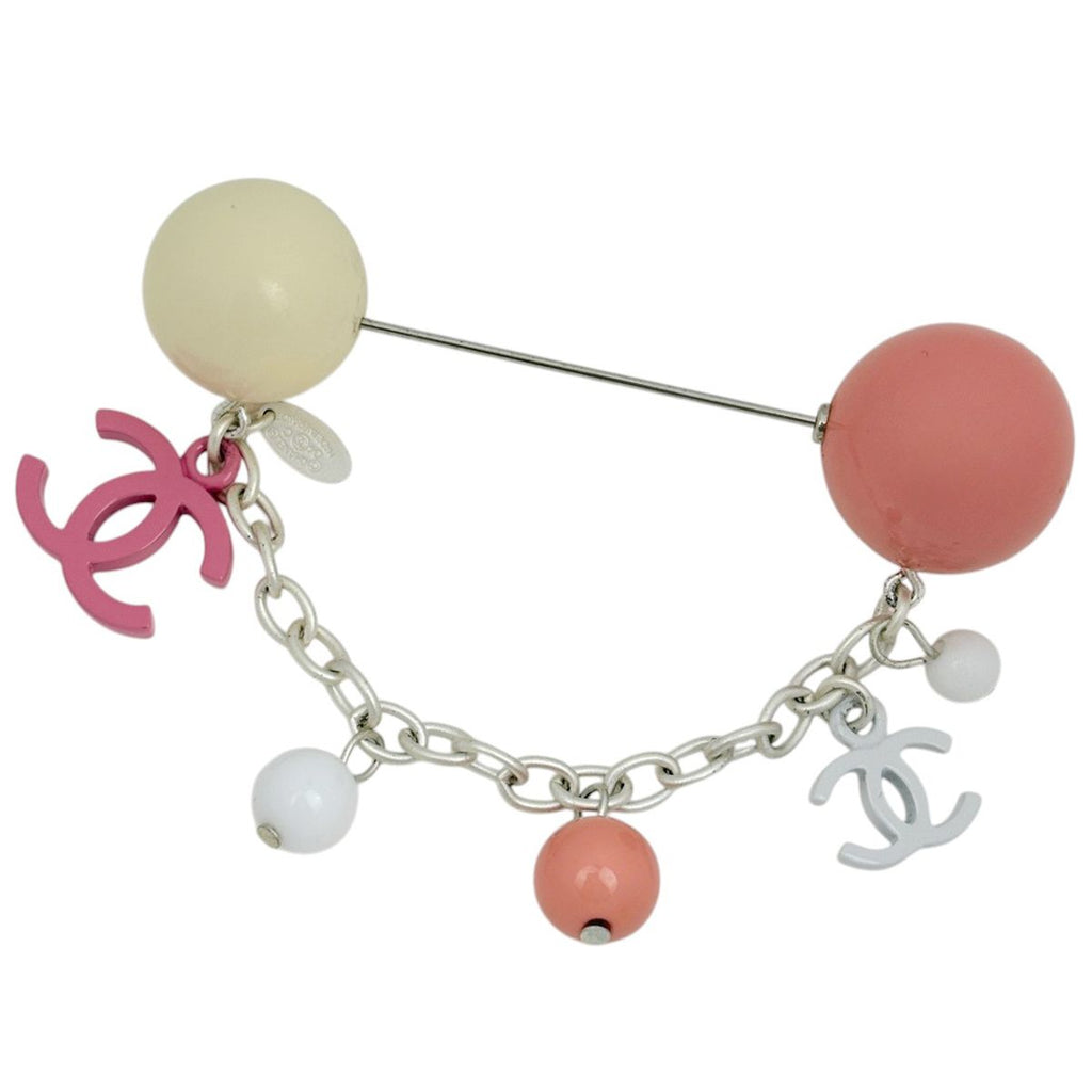 Chanel Brooch CC Logo Pin Silver Plated Pink White