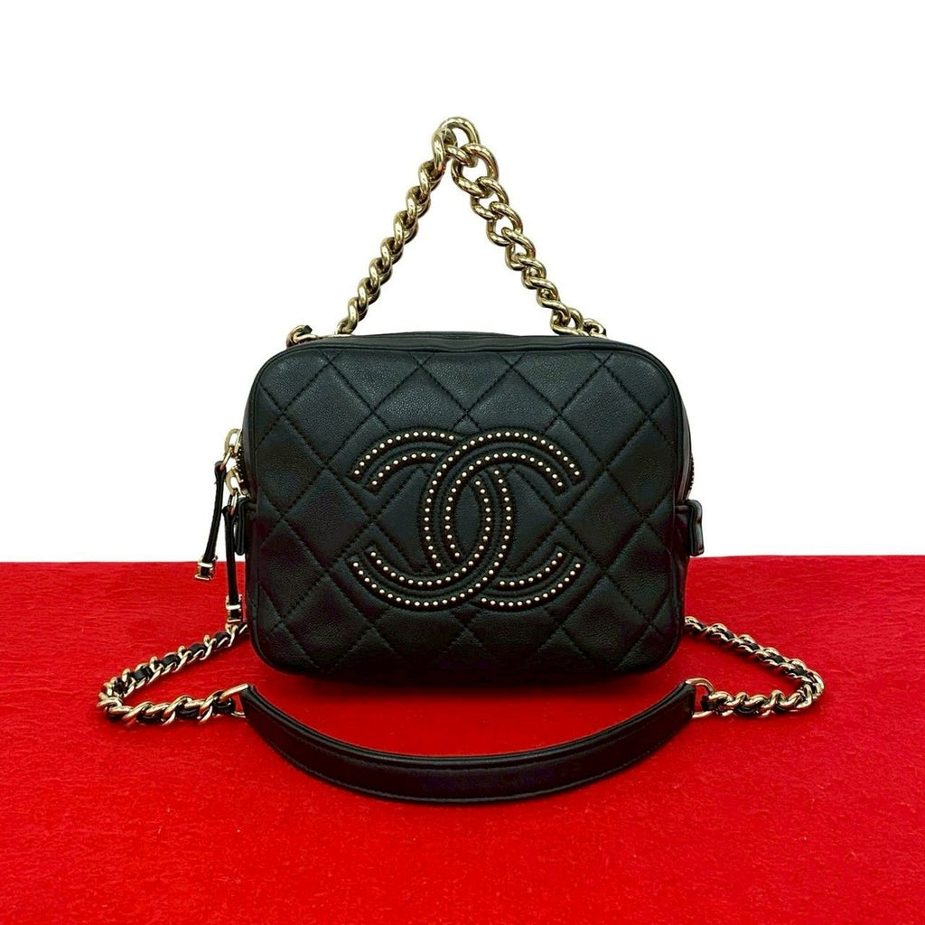 Chanel Quilted Coco Studs Leather 2-Way Chain Shoulder Bag Black
