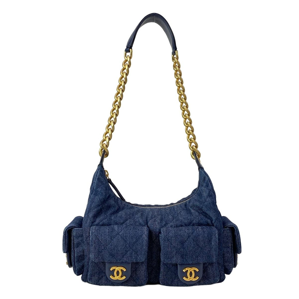 Chanel Shoulder Bag Navy Gold Washed Denim
