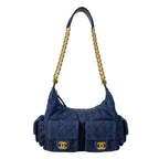 Chanel Shoulder Bag Navy Gold Washed Denim