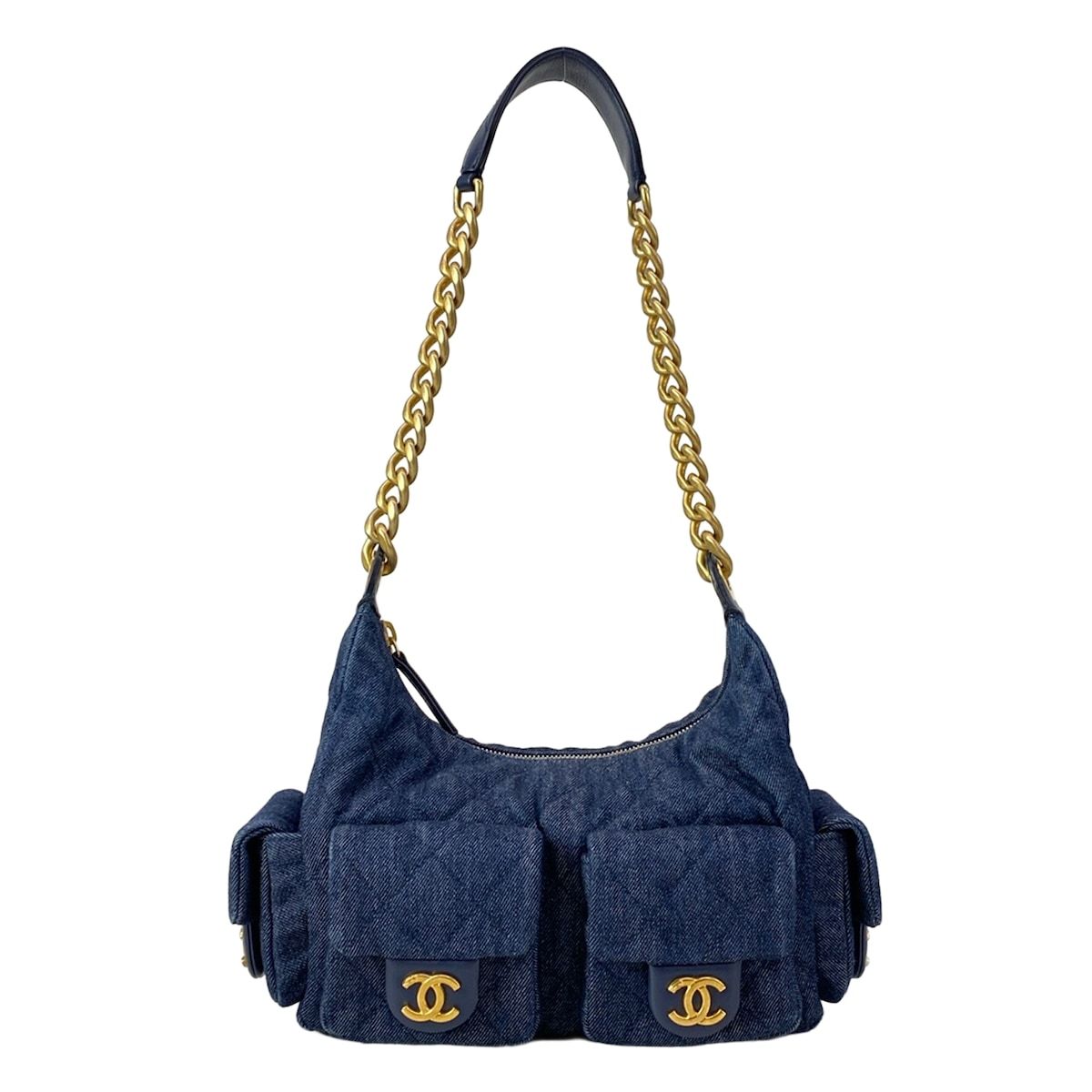 Chanel Shoulder Bag Navy Gold Washed Denim