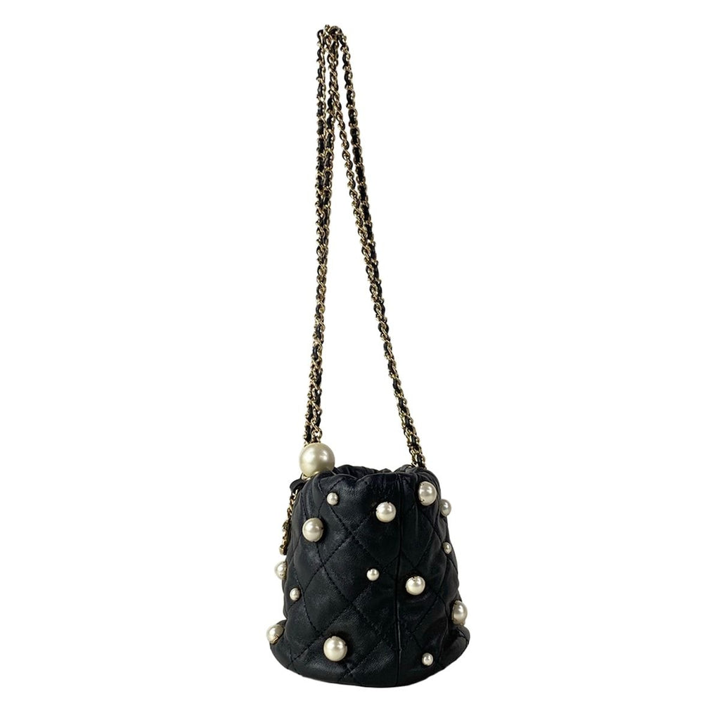 Chanel Shoulder Bag Quilted Black Chain Gold Faux Pearl Drawstring Mini Lambskin — view 4