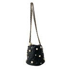 Chanel Shoulder Bag Quilted Black Chain Gold Faux Pearl Drawstring Mini Lambskin — view 4