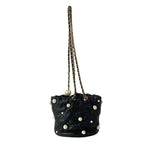 Chanel Shoulder Bag Quilted Black Chain Gold Faux Pearl Drawstring Mini Lambskin — view 3