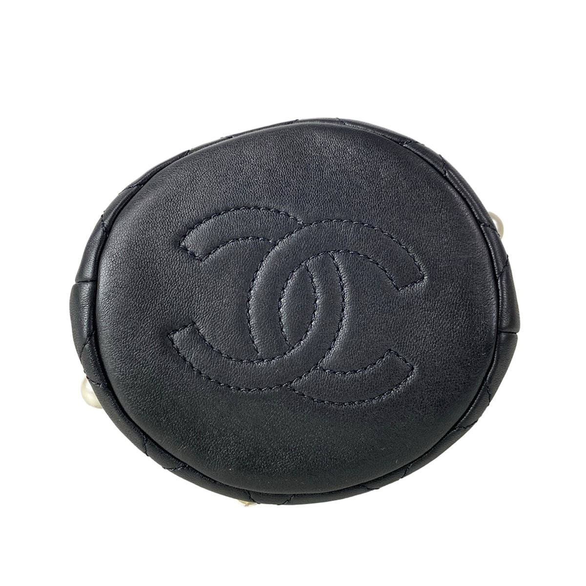 Chanel Shoulder Bag Quilted Black Chain Gold Faux Pearl Drawstring Mini Lambskin — view 5