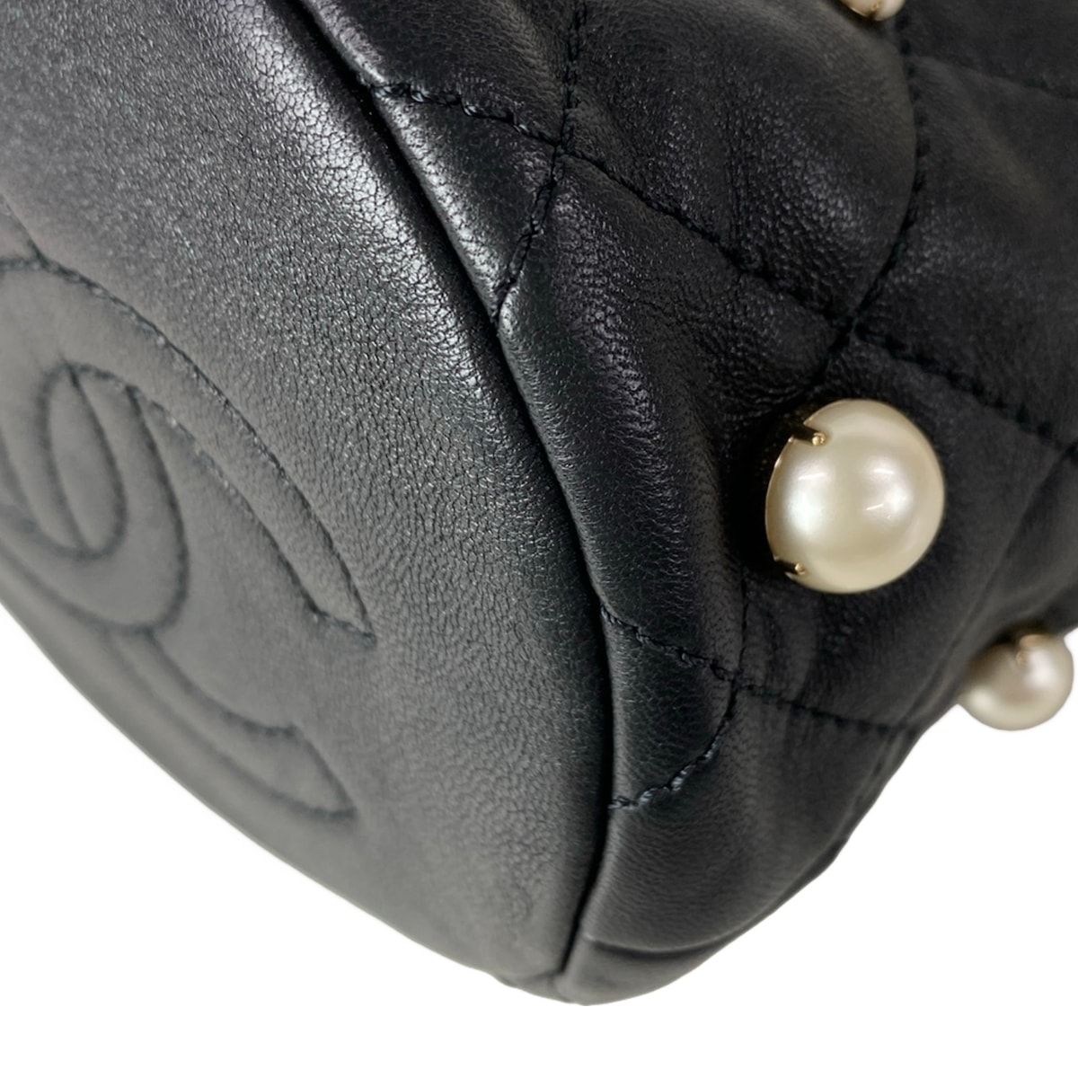 Chanel Shoulder Bag Quilted Black Chain Gold Faux Pearl Drawstring Mini Lambskin — view 7