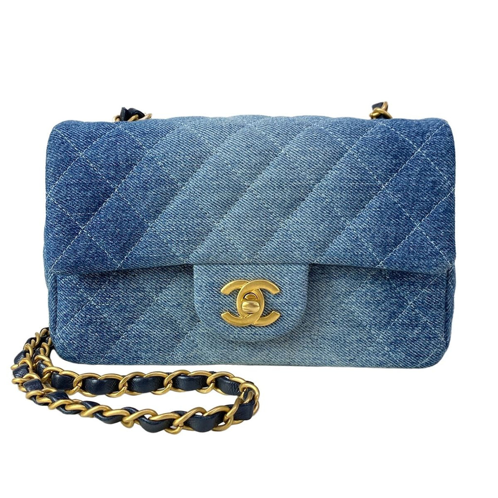 Chanel Shoulder Bag Mini Quilted Blue Chain Vintage Gold