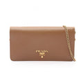 Prada Shoulder Bag Brown Saffiano Leather Metal Logo Chain Wallet