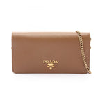 Prada Shoulder Bag Brown Saffiano Leather Metal Logo Chain Wallet