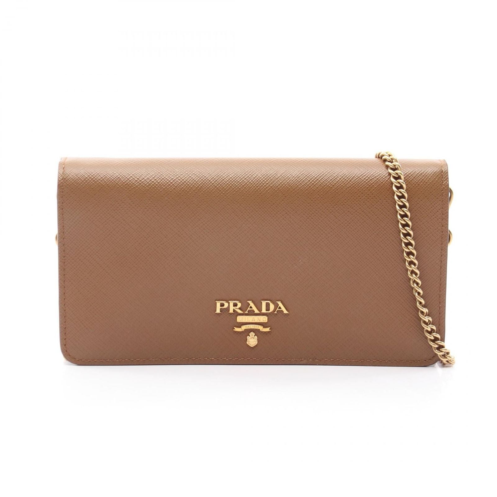 Prada Shoulder Bag Brown Saffiano Leather Metal Logo Chain Wallet