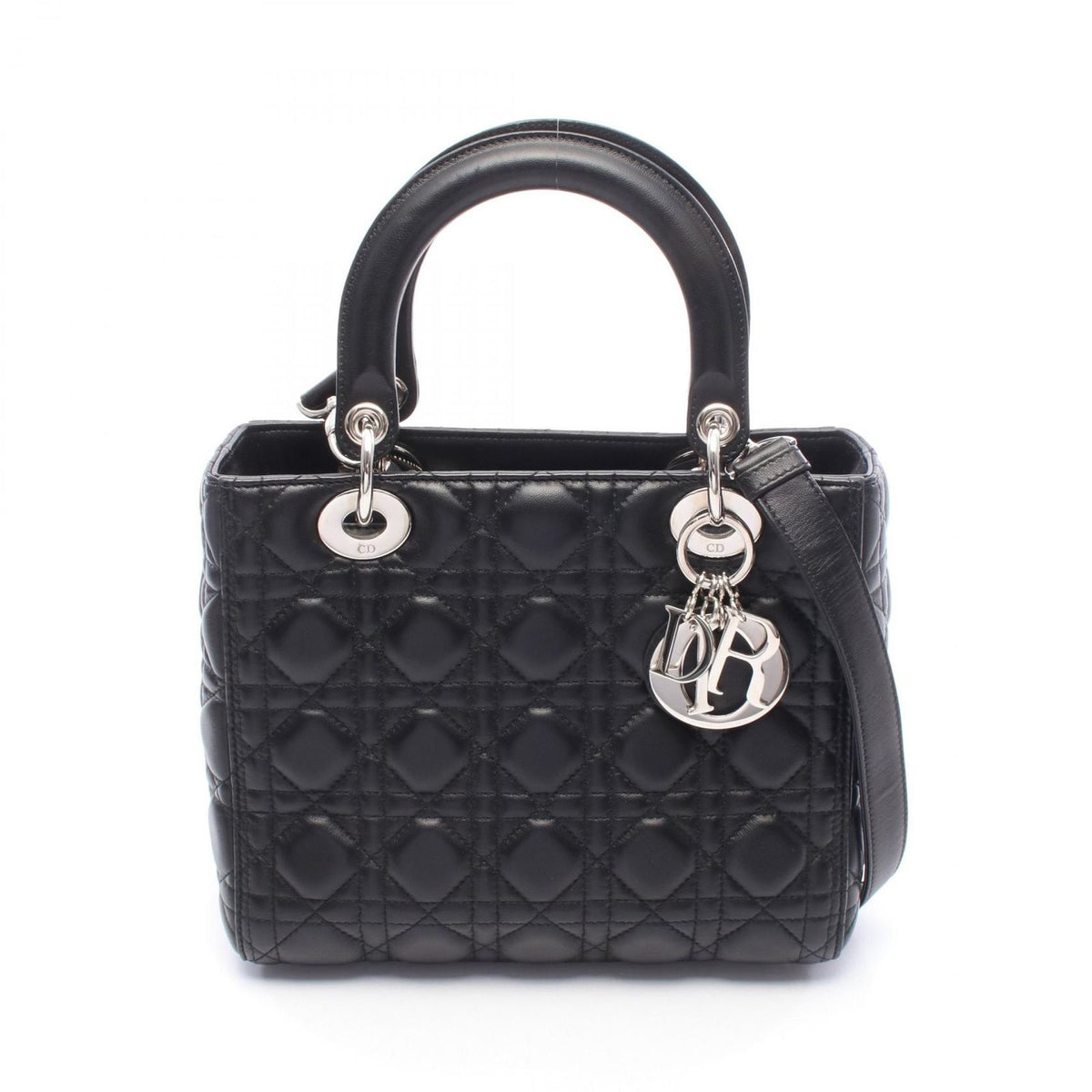 Dior Handbag Lady Dior 2-Way Black Leather Tote Medium