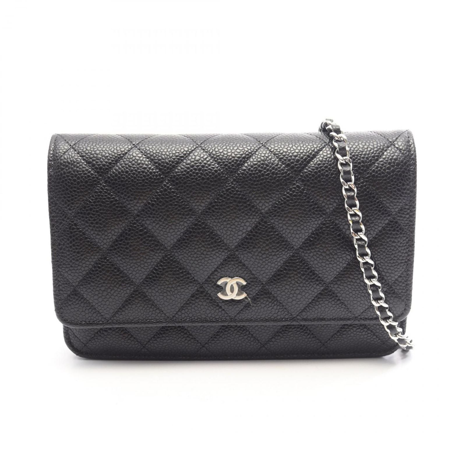Chanel Shoulder Bag Quilted Black Caviar Leather Chain Wallet