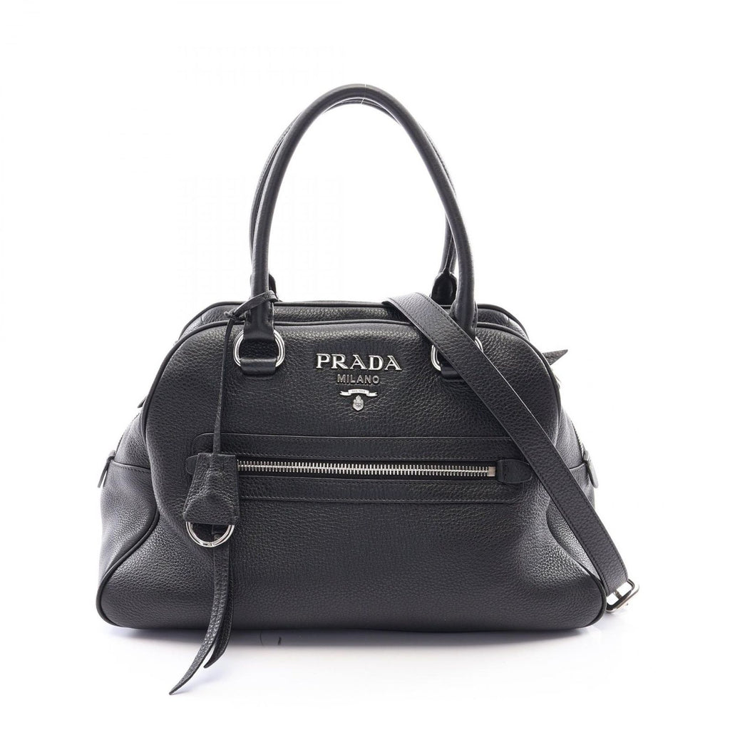 Prada Handbag Logo 2-Way Black Leather Metal