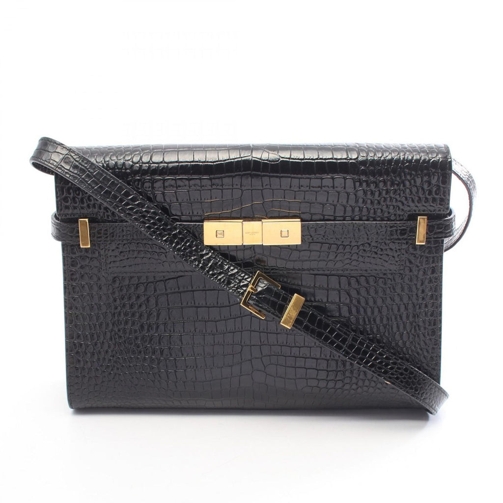 Saint Laurent Paris Shoulder Bag Manhattan Croco Embossed Black Leather