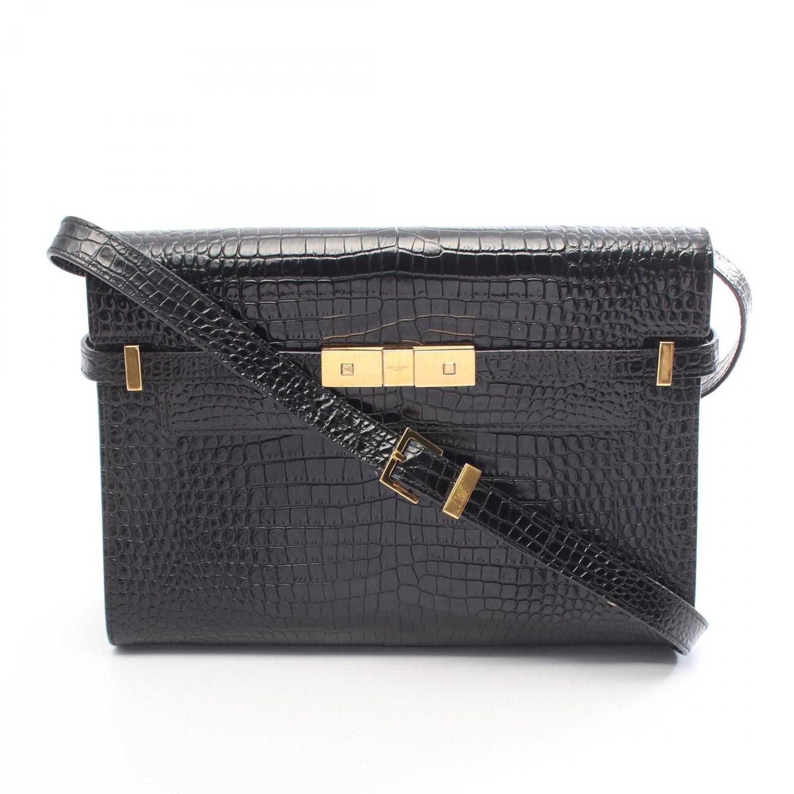 Saint Laurent Paris Shoulder Bag Manhattan Croco Embossed Black Leather