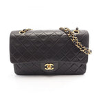 Chanel Shoulder Bag Quilted Double Flap Black Lambskin Chain
