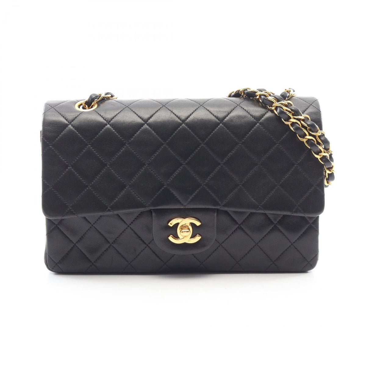 Chanel Shoulder Bag Quilted Double Flap Black Lambskin Chain