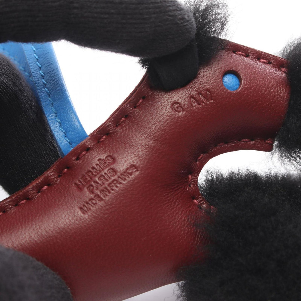 Hermes Charm Buddy Rouge Ash Blue Hydra Shearling Black Keychain — view 3