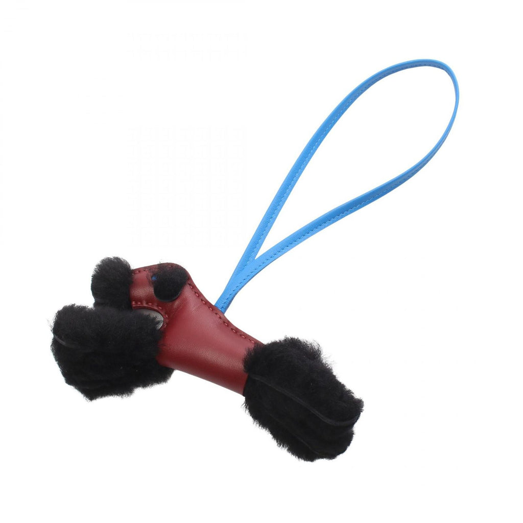 Hermes Charm Buddy Rouge Ash Blue Hydra Shearling Black Keychain