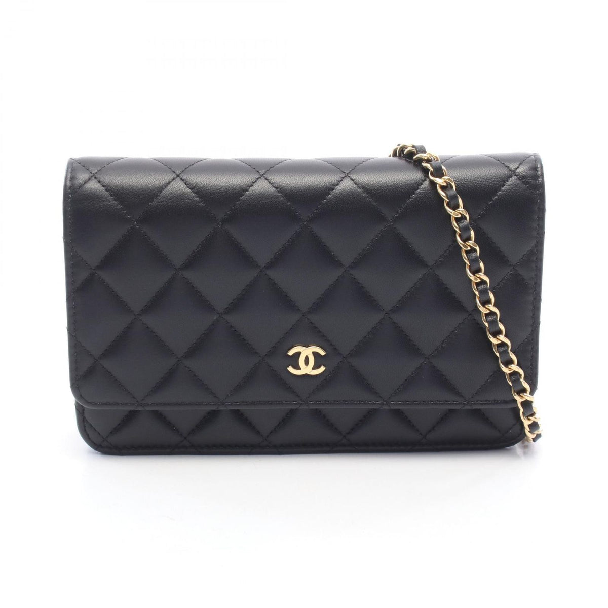 Chanel Shoulder Bag Quilted Black Lambskin Chain Wallet