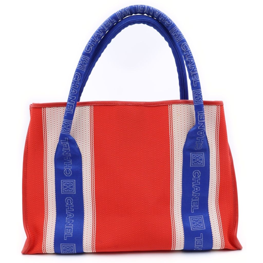 Chanel Sports Line CC Logo Leather Patch Canvas Tote Red Blue — view 2
