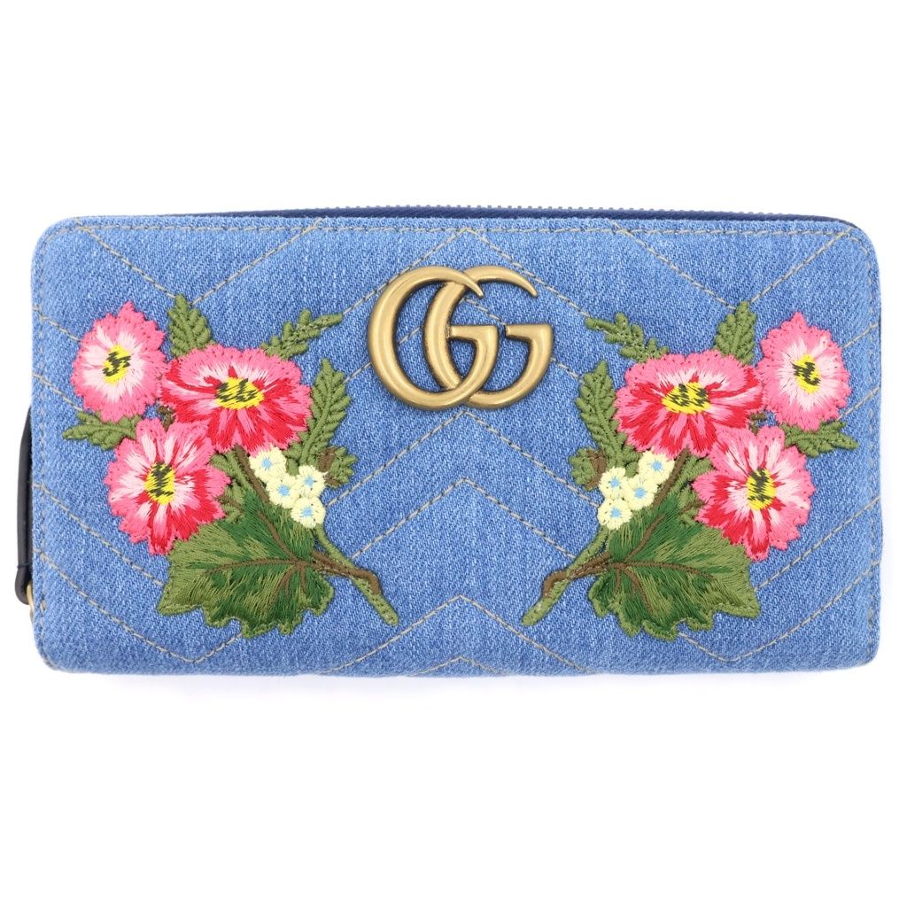 Gucci GG Marmont Flower Embroidery Chevron Zip Around Wallet Multicolor Denim