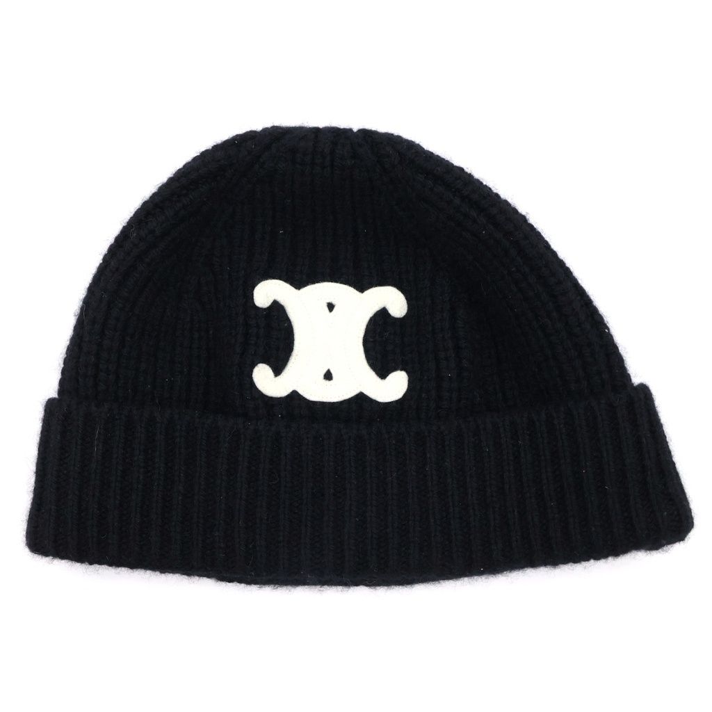 Celine Triomphe Logo Embroidery Cashmere Knit Cap Beanie Black Hat