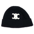 Celine Triomphe Logo Embroidery Cashmere Knit Cap Beanie Black Hat