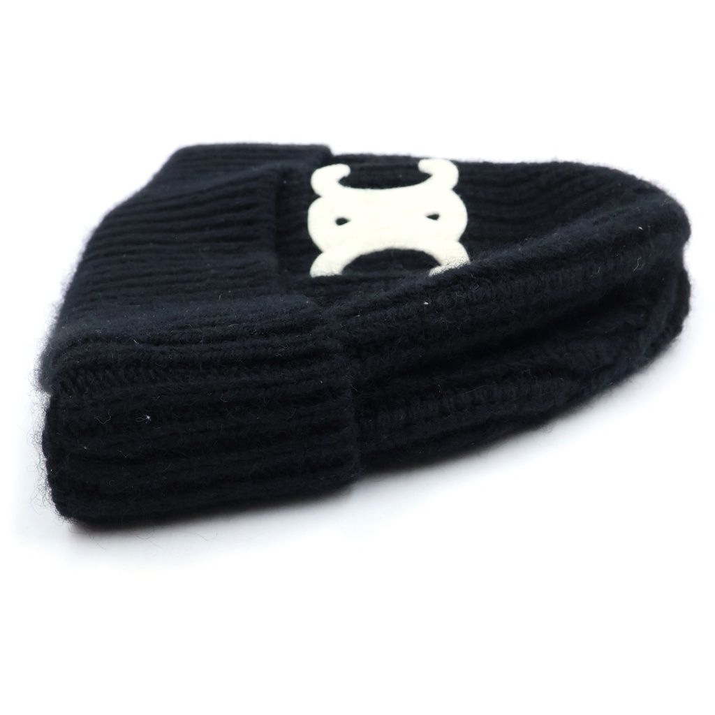 Celine Triomphe Logo Embroidery Cashmere Knit Cap Beanie Black Hat — view 4