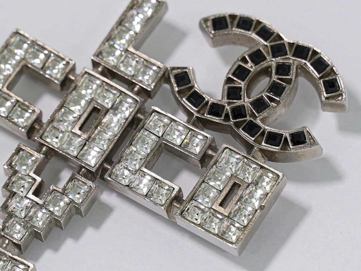 Chanel Love CC Logo Rhinestone Brooch Metal Silver Black — view 3