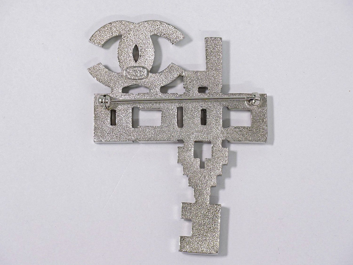 Chanel Love CC Logo Rhinestone Brooch Metal Silver Black — view 2