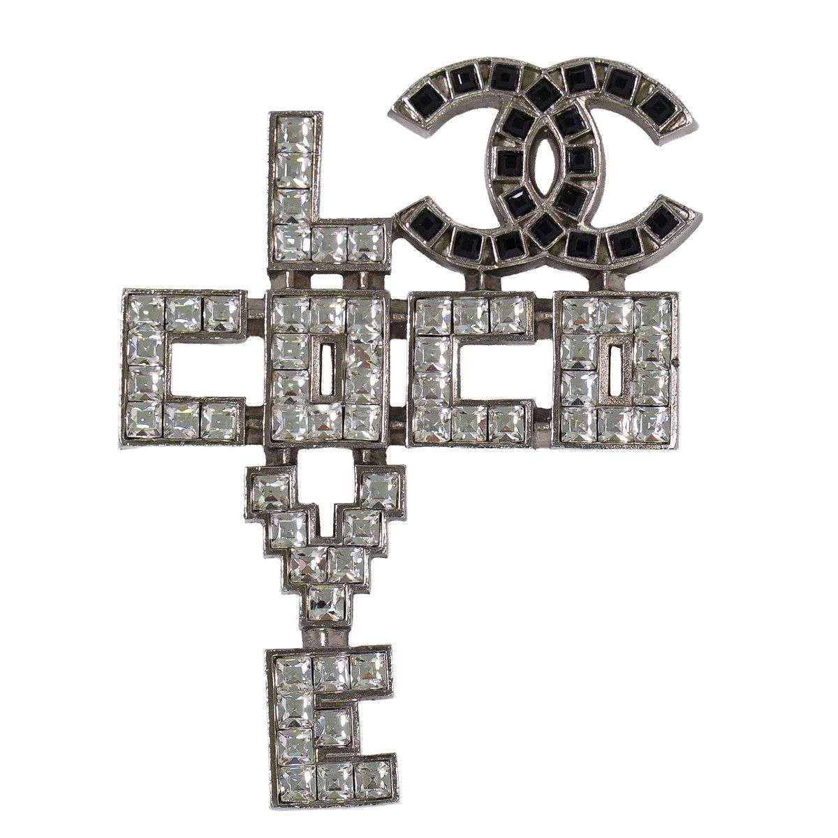 Chanel Love CC Logo Rhinestone Brooch Metal Silver Black
