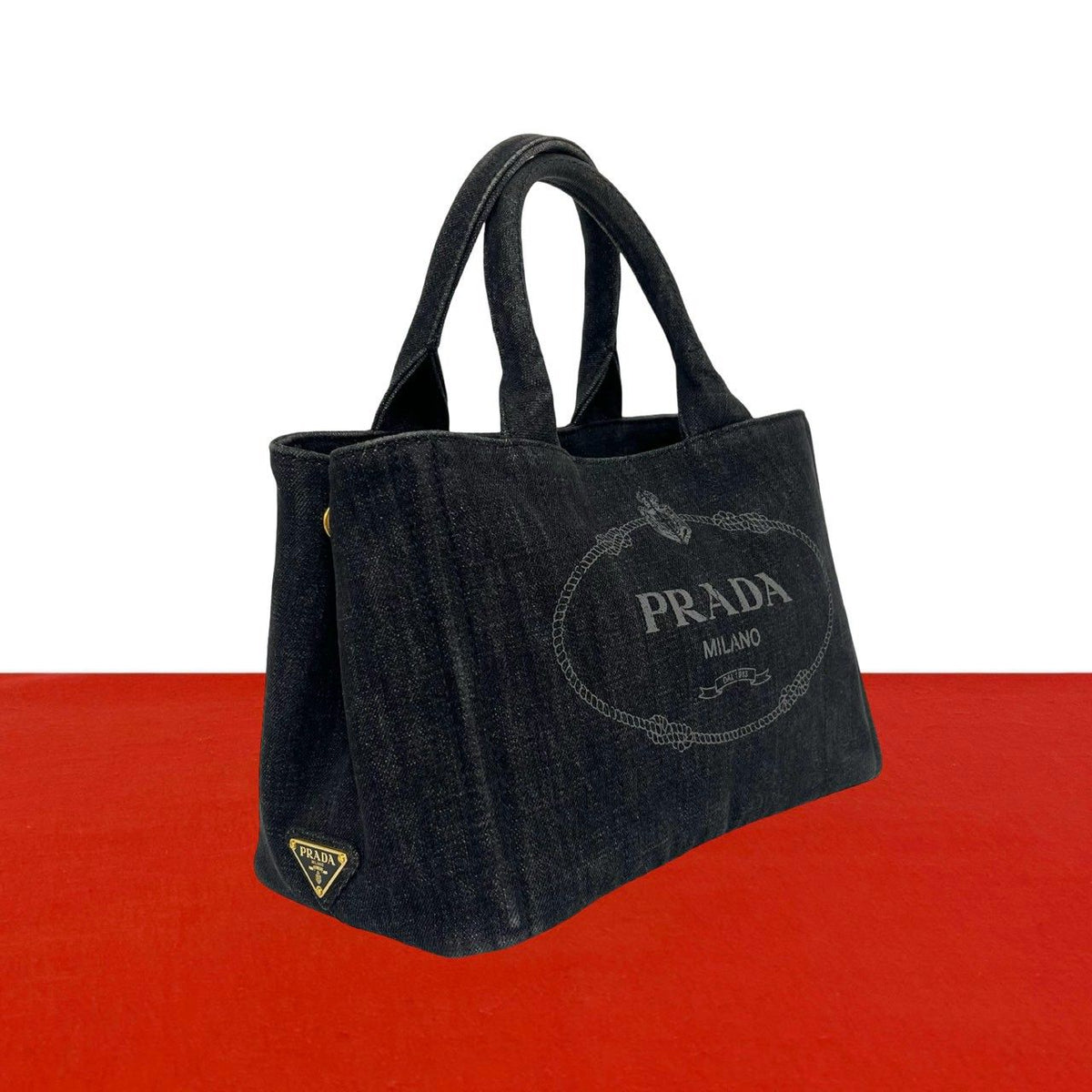Prada Canapa Cotton Denim Handbag Mini Tote Black