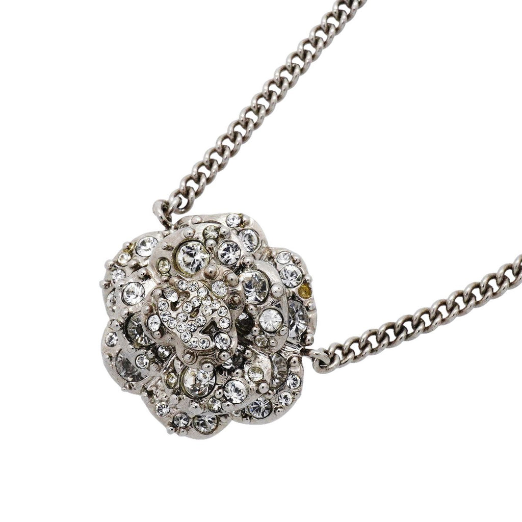 Chanel Necklace CC Logo Camellia Metal Rhinestone Silver
