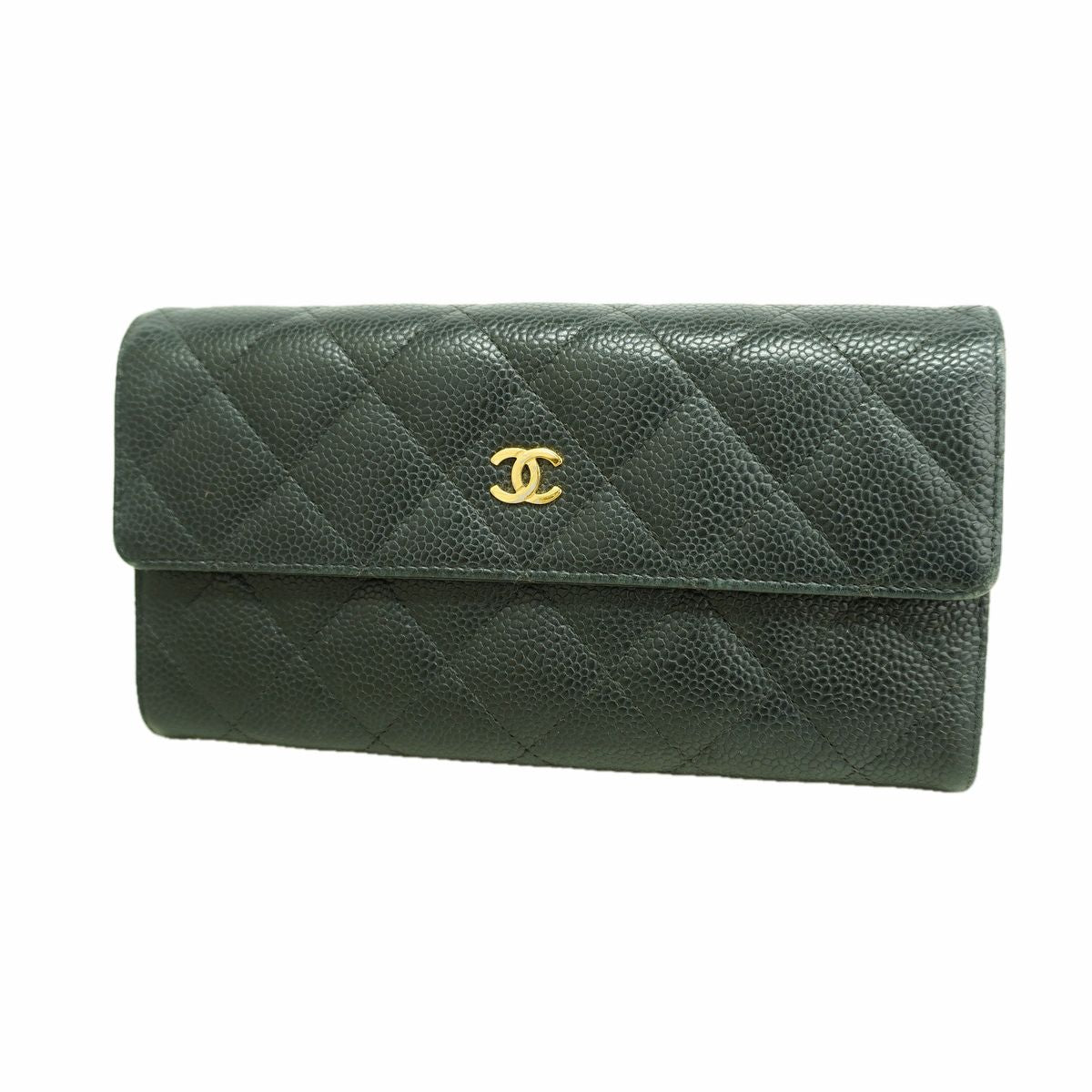 Chanel Wallet Quilted Caviar Leather Black Gold