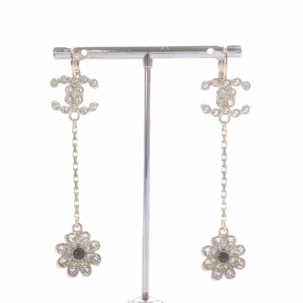 Chanel 18C CC Logo Rhinestone Flower Drop Earrings Gold