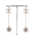 Chanel 18C CC Logo Rhinestone Flower Drop Earrings Gold